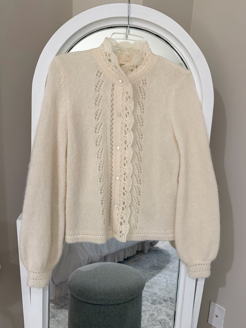 Sezane Cream Lace-Trim Knit Cardigan